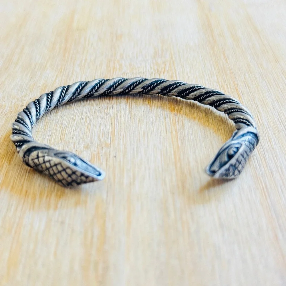 Viking Style Snake Bracelet VTG Cable Cuff Oxidized‎ Silver Plated Statement